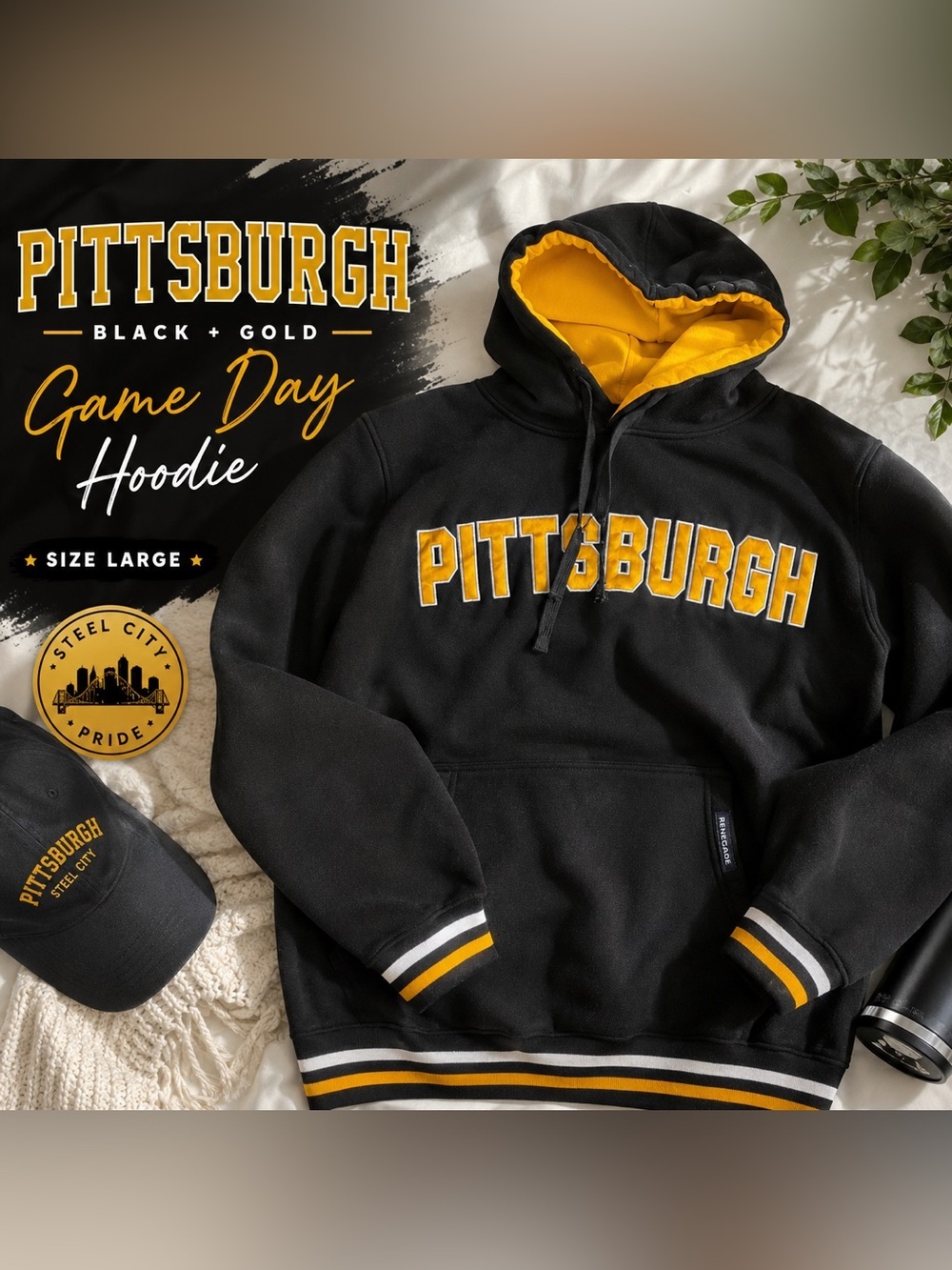 Pittsburgh Black & Gold Embroidered Hoodie Sweatshirt Size Large Renegade Unisex